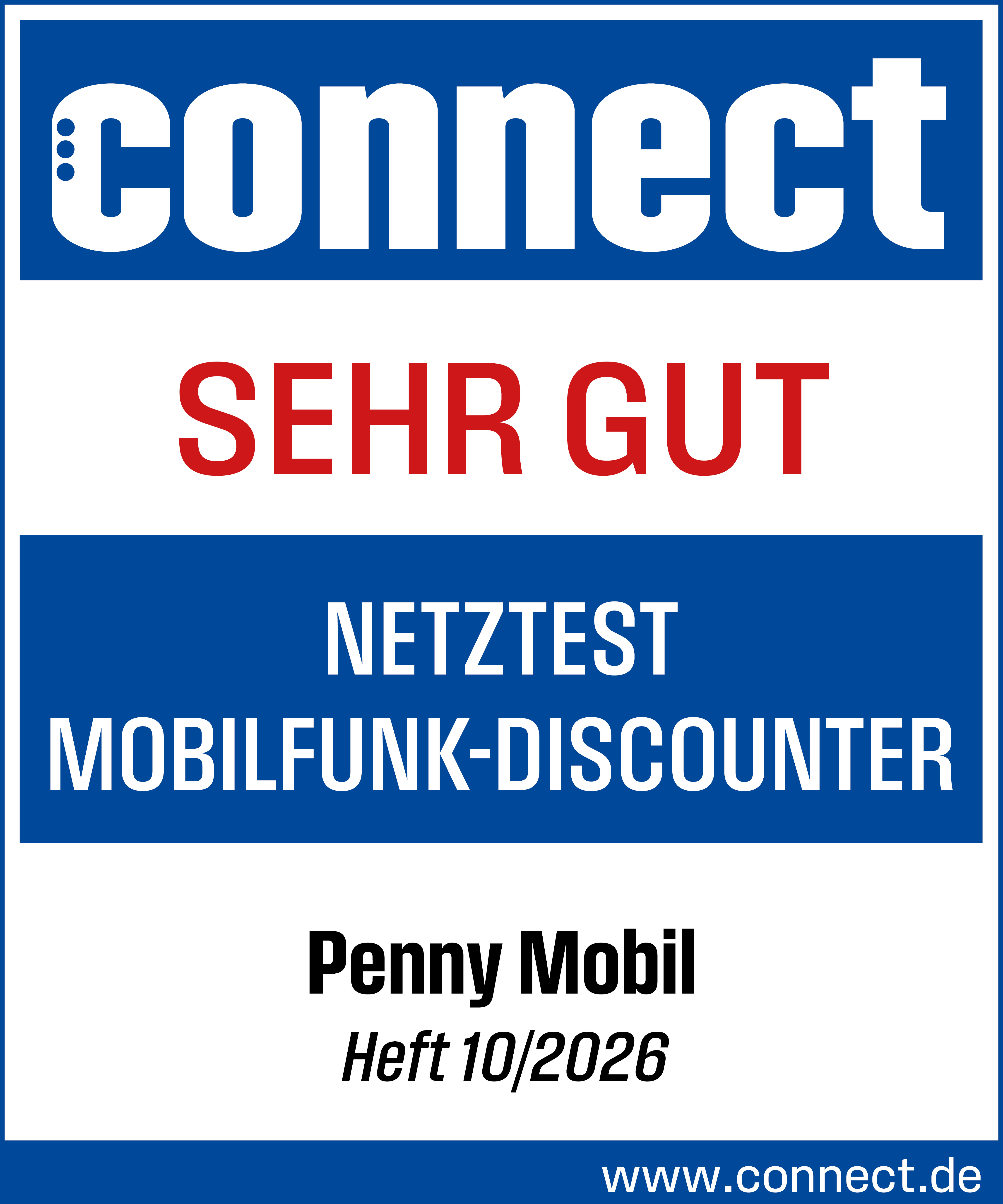 connect: SEHR GUT – Netztest Mobilfunk-Discounter. Penny Mobil, Heft 10/2026.