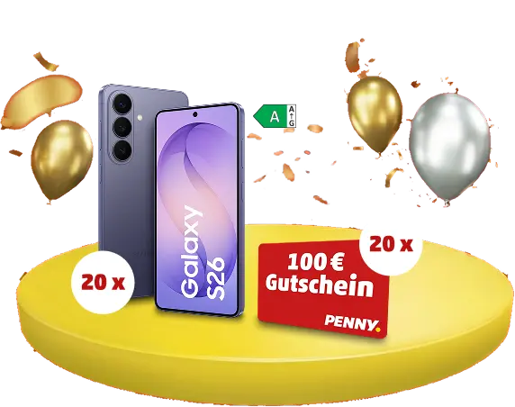 Gewinne: 20 Samsung Galaxy S26 und 20 Penny Einkaufsgutscheine im Wert von 100 € auf einer Siegertreppe