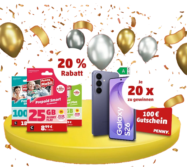 20 Jahre Penny Mobil: 20 % Rabatt auf Smart Tarife sowie 20 Samsung Galaxy S26 und 20 Penny Einkaufsgutscheine im Wert von 100 Euro zu gewinnen